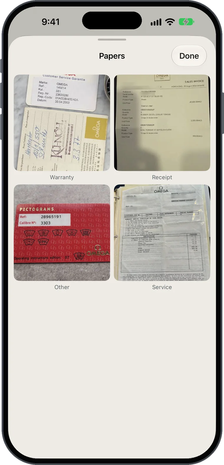 The papers sheet in Werk with a warranty card and a service invoice